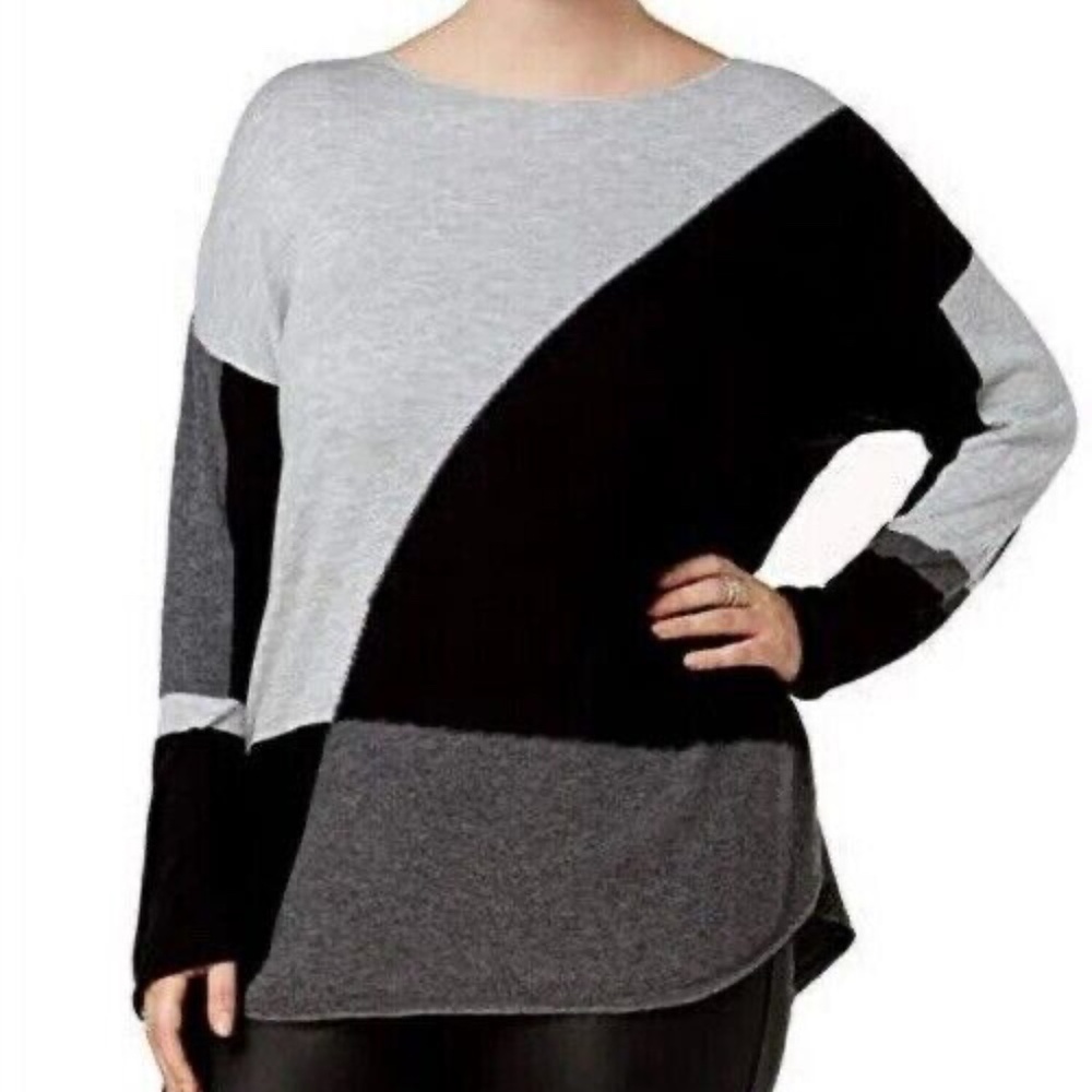 INC Women's Colorblock Lightweight Hi/Lo Hem Sweater, Gray Plus Sizes 1X/3X